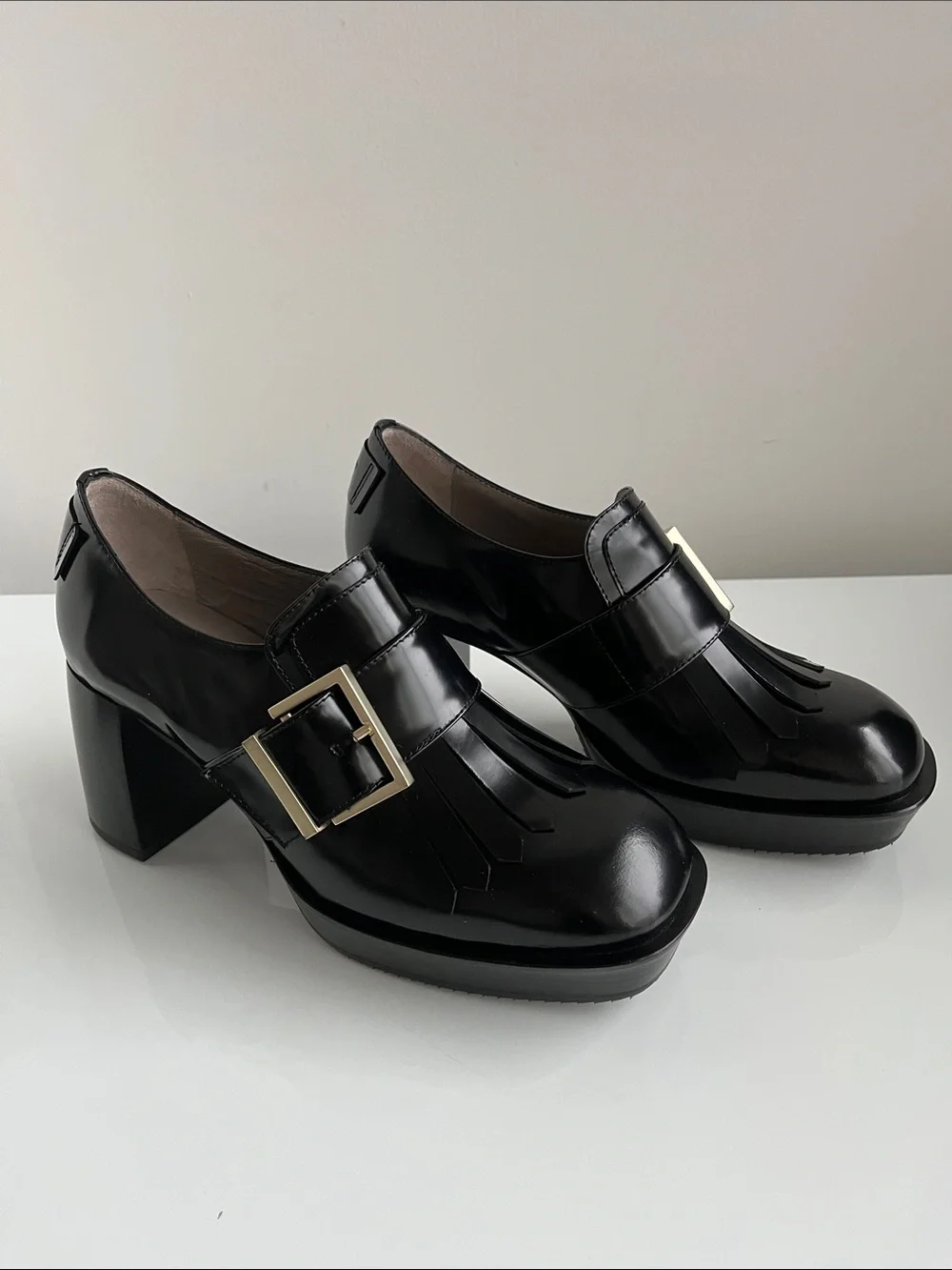 All Saints “ZIA” Black Leather Kiltie Loafers with Gold Buckle